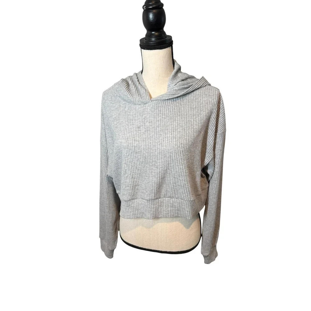 Alo Yoga Muse Ribbed Hoodie Sweatshirt Heather Grey Cropped Pullover Small‎